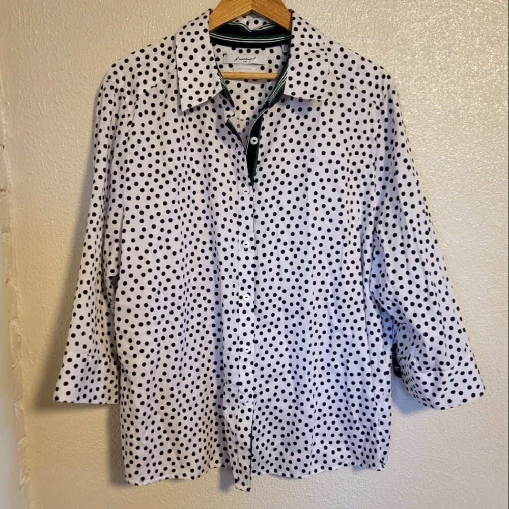 Foxcroft Polka Dot Wrinkle Free 100% Cotton Button Down Blouse sz 20W White Navy